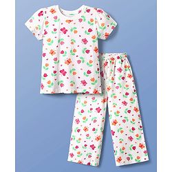 Pine Kids Single Jersey Knit Half Sleeves Co-ords Night Suit With Floral Print - White