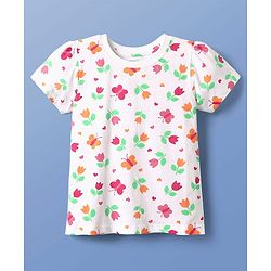 Pine Kids Single Jersey Knit Half Sleeves Co-ords Night Suit With Floral Print - White