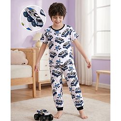 Pine Kids Single Jersey Knit Half Sleeves Co-ords Night Suit With Vehicle Print - White