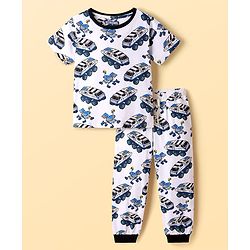 Pine Kids Single Jersey Knit Half Sleeves Co-ords Night Suit With Vehicle Print - White