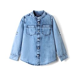 Pine Kids Denim Woven Full Sleeves Mandarin Collared Washed Shirt - Light Blue
