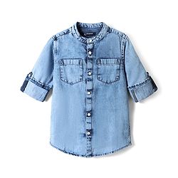 Pine Kids Denim Woven Full Sleeves Mandarin Collared Washed Shirt - Light Blue