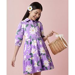 Pine Kids 100% Cotton Three Forth Sleeves Frock With Collar Neck Floral Print - Purple