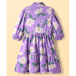 Pine Kids 100% Cotton Three Forth Sleeves Frock With Collar Neck Floral Print - Purple