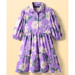 Pine Kids 100% Cotton Three Forth Sleeves Frock With Collar Neck Floral Print - Purple