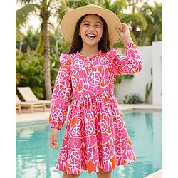 Pine Kids 100% Cotton Full Sleeves Frocks With Floral Print - Pink