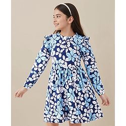 Pine Kids Cotton Knit Full Peasant Sleeves Frock With Floral Print - Blue