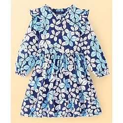 Pine Kids Cotton Knit Full Peasant Sleeves Frock With Floral Print - Blue