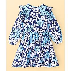 Pine Kids Cotton Knit Full Peasant Sleeves Frock With Floral Print - Blue