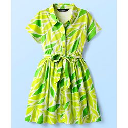Pine Kids 100% Cotton Half Sleeves Frock With Tropical Theme Print - Lime Green