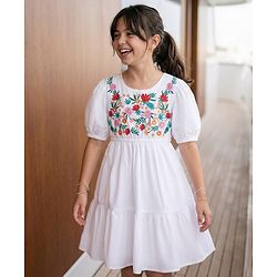 Pine Kids 100% Cotton Half Sleeves Floral Embroidered Frock - White