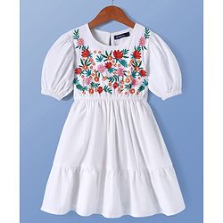 Pine Kids 100% Cotton Half Sleeves Floral Embroidered Frock - White
