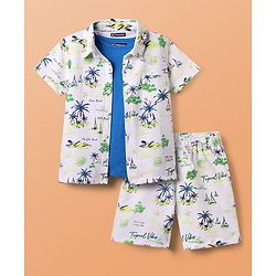 Pine Kids Single Jersey Knit Half Sleeves Shirt & Shorts Co-Ord Set With Inner Tee & Tree Print - White & Blue