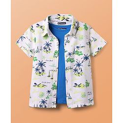Pine Kids Single Jersey Knit Half Sleeves Shirt & Shorts Co-Ord Set With Inner Tee & Tree Print - White & Blue