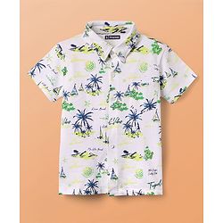 Pine Kids Single Jersey Knit Half Sleeves Shirt & Shorts Co-Ord Set With Inner Tee & Tree Print - White & Blue