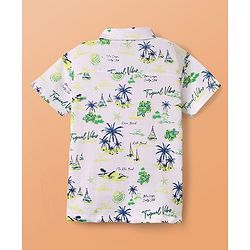 Pine Kids Single Jersey Knit Half Sleeves Shirt & Shorts Co-Ord Set With Inner Tee & Tree Print - White & Blue