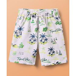 Pine Kids Single Jersey Knit Half Sleeves Shirt & Shorts Co-Ord Set With Inner Tee & Tree Print - White & Blue