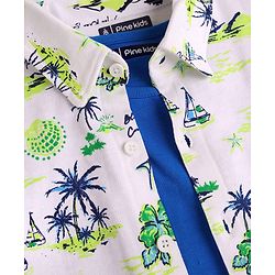 Pine Kids Single Jersey Knit Half Sleeves Shirt & Shorts Co-Ord Set With Inner Tee & Tree Print - White & Blue