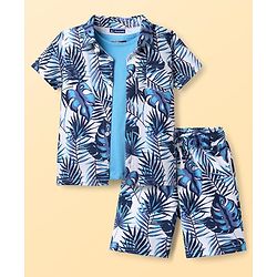 Pine Kids Single Jersey Knit Half Sleeves Shirt & Shorts Co-Ord Set With Inner Tee & Leaf Print - White & Blue