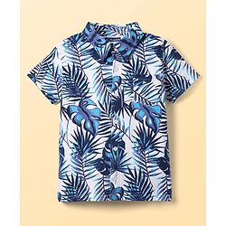Pine Kids Single Jersey Knit Half Sleeves Shirt & Shorts Co-Ord Set With Inner Tee & Leaf Print - White & Blue