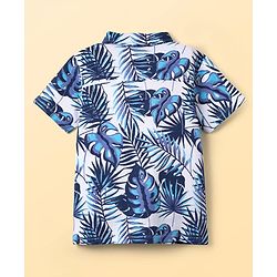 Pine Kids Single Jersey Knit Half Sleeves Shirt & Shorts Co-Ord Set With Inner Tee & Leaf Print - White & Blue