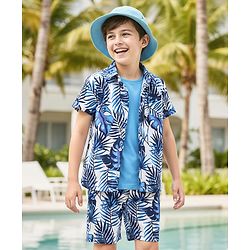 Pine Kids Single Jersey Knit Half Sleeves Shirt & Shorts Co-Ord Set With Inner Tee & Leaf Print - White & Blue