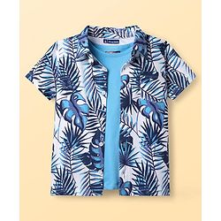 Pine Kids Single Jersey Knit Half Sleeves Shirt & Shorts Co-Ord Set With Inner Tee & Leaf Print - White & Blue