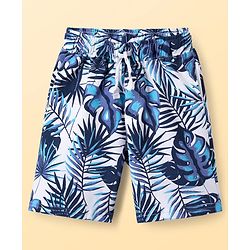 Pine Kids Single Jersey Knit Half Sleeves Shirt & Shorts Co-Ord Set With Inner Tee & Leaf Print - White & Blue