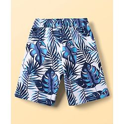Pine Kids Single Jersey Knit Half Sleeves Shirt & Shorts Co-Ord Set With Inner Tee & Leaf Print - White & Blue