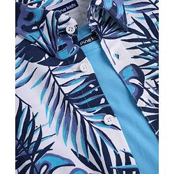 Pine Kids Single Jersey Knit Half Sleeves Shirt & Shorts Co-Ord Set With Inner Tee & Leaf Print - White & Blue