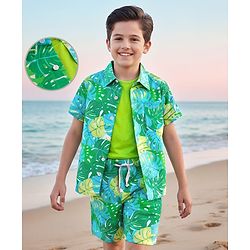 Pine Kids Single Jersey Knit Half Sleeves Shirt & Shorts Co-Ord Set With Inner Tee & Leaf Print - Green
