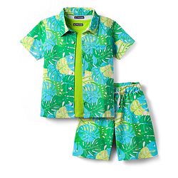 Pine Kids Single Jersey Knit Half Sleeves Shirt & Shorts Co-Ord Set With Inner Tee & Leaf Print - Green