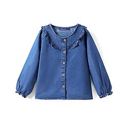 Pine Kids Cotton Woven Full Sleeves Front Open Top with Frill Detailing At the Neck - Navy Blue