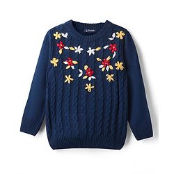 Pine Kids Knit Full Sleeves Pullover Sweater With Floral & Cable Knit Design - Navy Blue