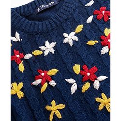 Pine Kids Knit Full Sleeves Pullover Sweater With Floral & Cable Knit Design - Navy Blue