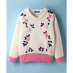 Pine Kids Knit Full Sleeves Floral Embroidered Pullover Sweater - Off White & Pink