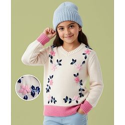 Pine Kids Knit Full Sleeves Floral Embroidered Pullover Sweater - Off White & Pink
