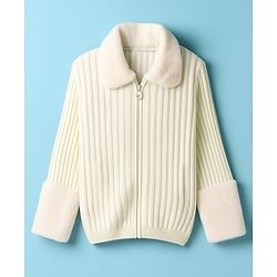 Pine Kids Knit Full Sleeves Solid Front Open Sweater - Offwhite