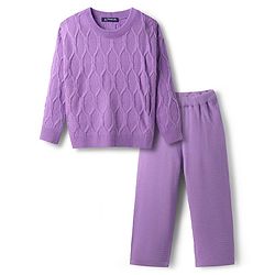 Pine Kids Knit Full Sleeves Pullover Solid Sweater Set with Hexagon Design - Purple
