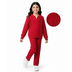 Pine Kids Knit Full Sleeves Solid Collar Neck Sweater Set with Cable Knit Design - Dark Red