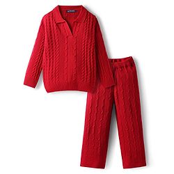 Pine Kids Knit Full Sleeves Solid Collar Neck Sweater Set with Cable Knit Design - Dark Red