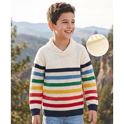 Pine Kids Knit Full Sleeves Pullover Sweater with Multicolor Stripe Design - White