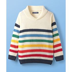 Pine Kids Knit Full Sleeves Pullover Sweater with Multicolor Stripe Design - White