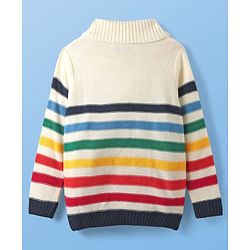 Pine Kids Knit Full Sleeves Pullover Sweater with Multicolor Stripe Design - White