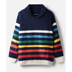 Pine Kids Knitted Full Sleeves Collar Neck Striped Pullover Sweater - Navy Blue