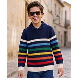 Pine Kids Knitted Full Sleeves Collar Neck Striped Pullover Sweater - Navy Blue