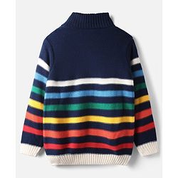 Pine Kids Knitted Full Sleeves Collar Neck Striped Pullover Sweater - Navy Blue