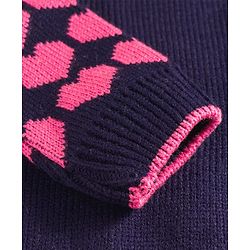 Pine Kids Knit Full Sleeves Front Open Hooded Sweater with Heart Design - Navy Blue
