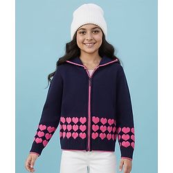 Pine Kids Knit Full Sleeves Front Open Hooded Sweater with Heart Design - Navy Blue