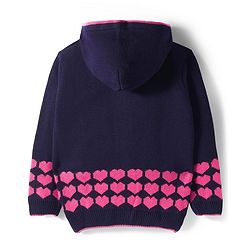 Pine Kids Knit Full Sleeves Front Open Hooded Sweater with Heart Design - Navy Blue